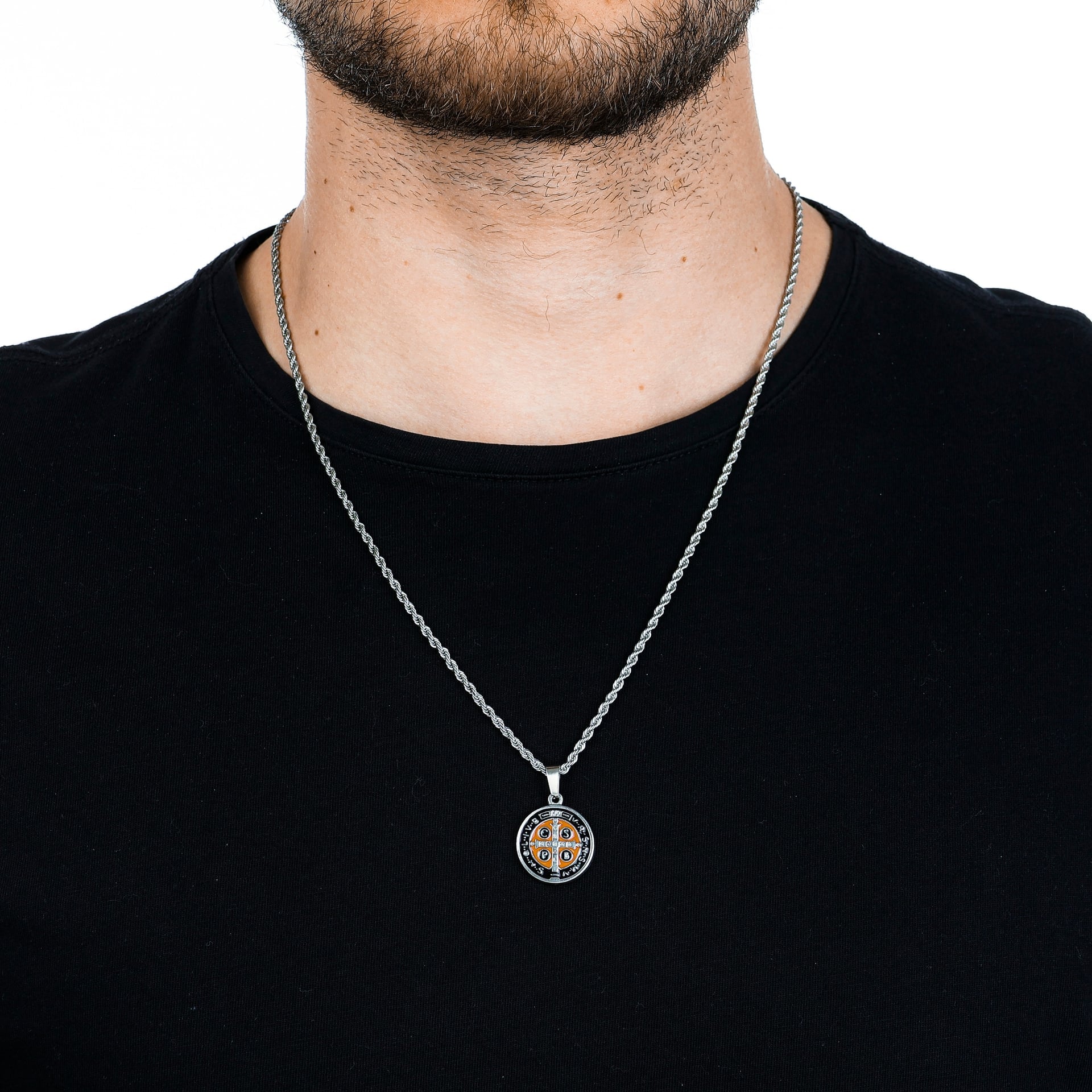 Colar de Aço Medalha São Bento Esmaltada