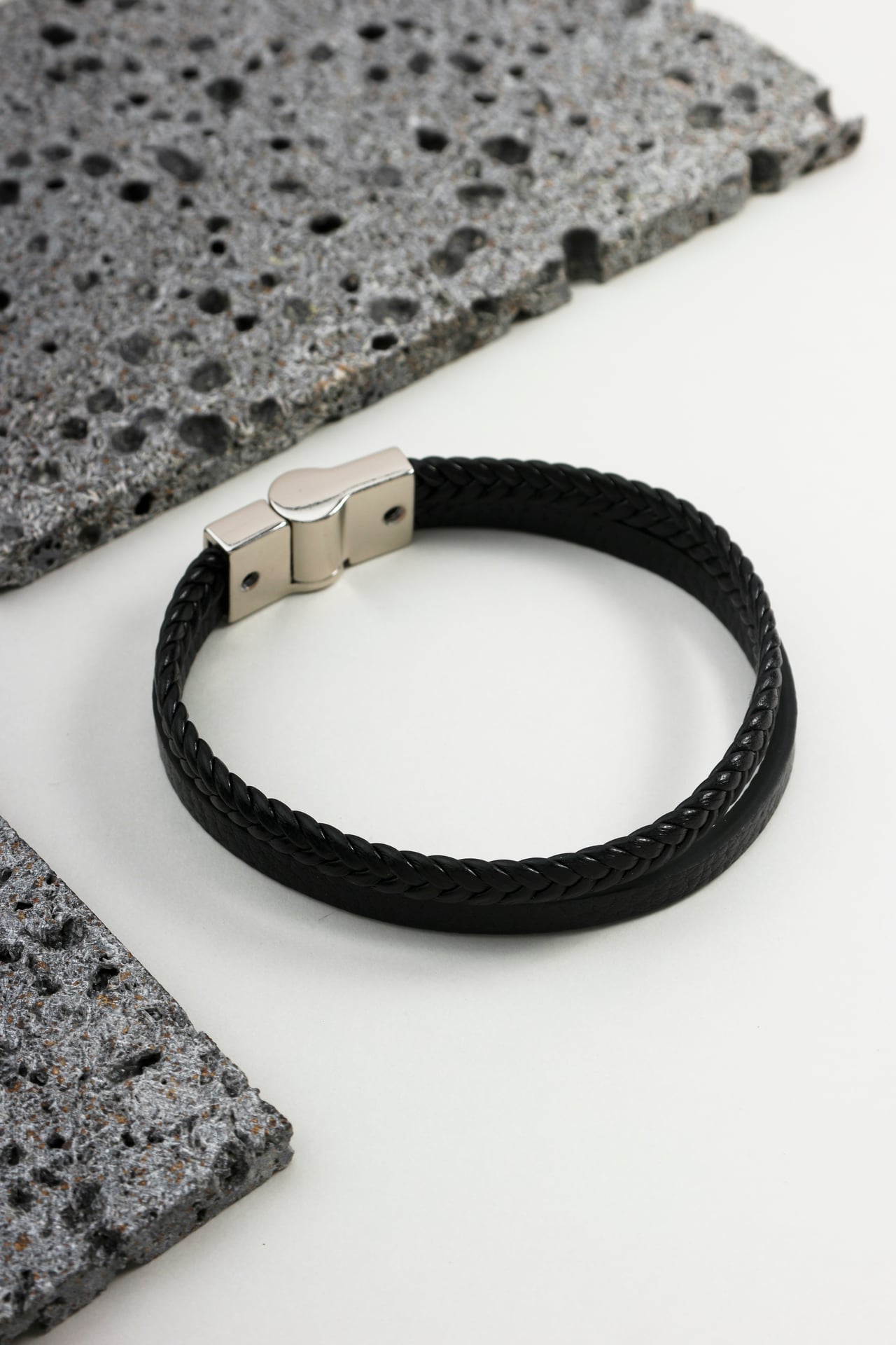 Pulseira Couro Preto Dupla Textura