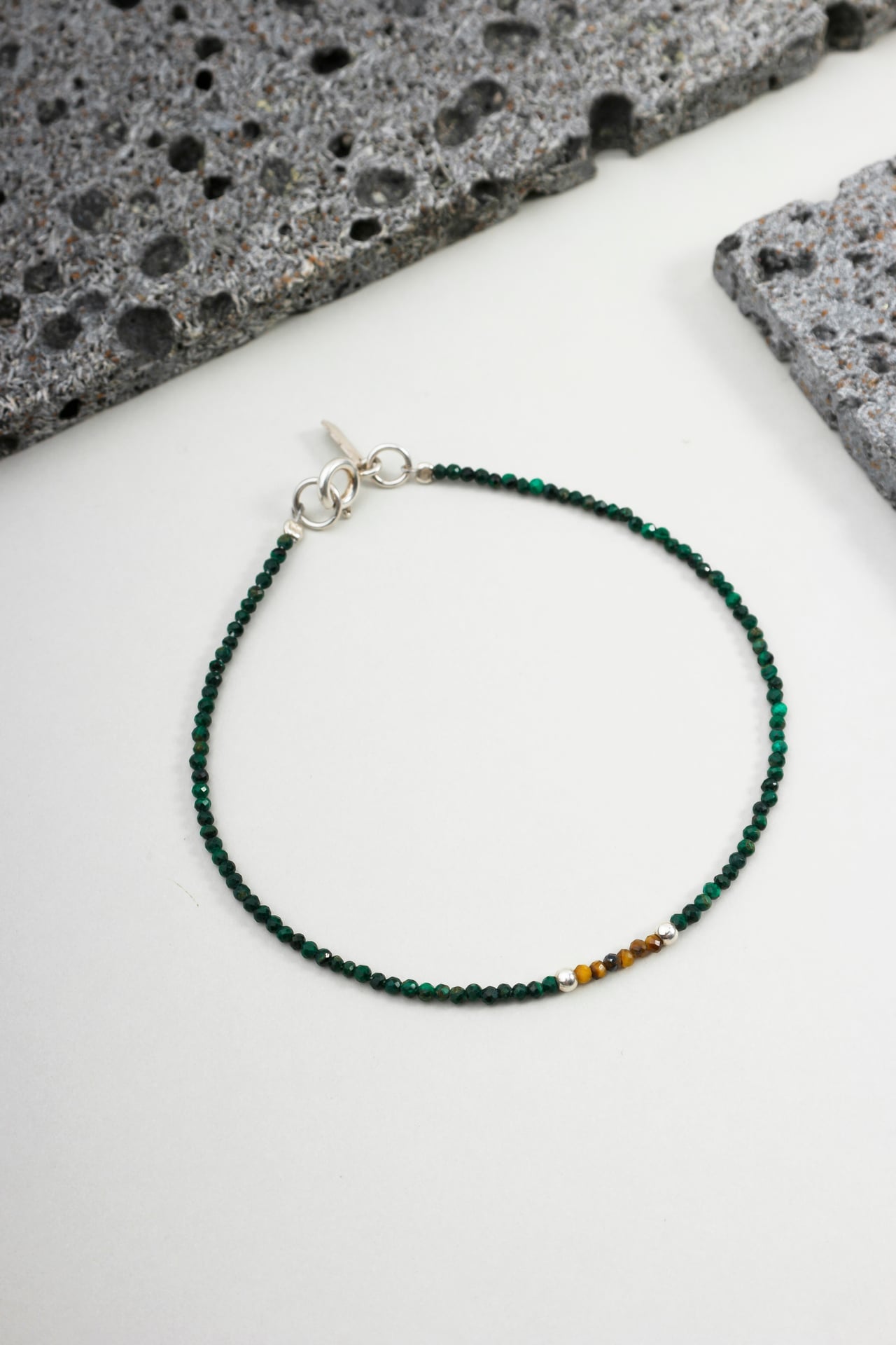Pulseira Pedras Finas Malaquita, Olho de Tigre e Prata 925
