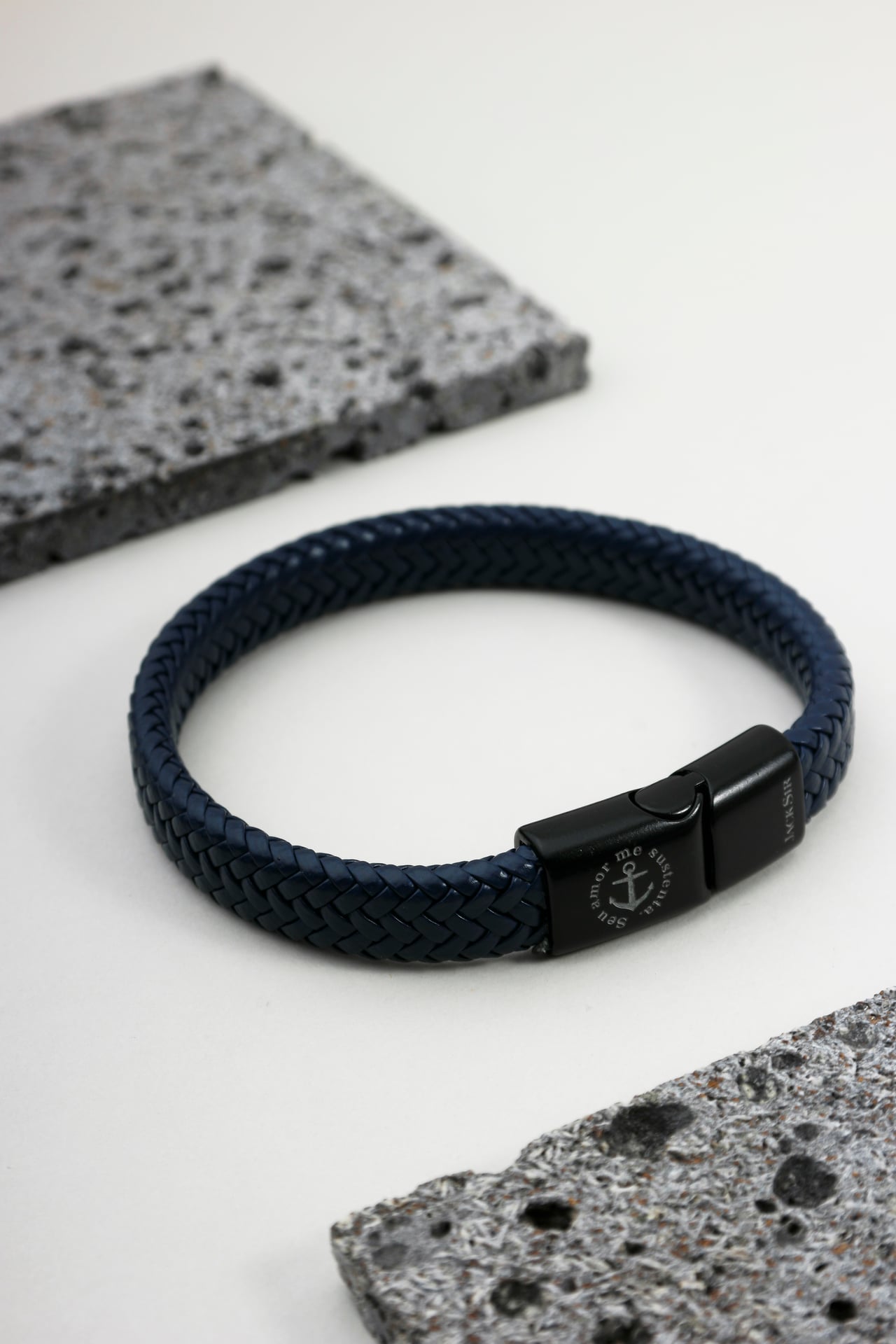 Pulseira Couro Trançado Azul Marinho